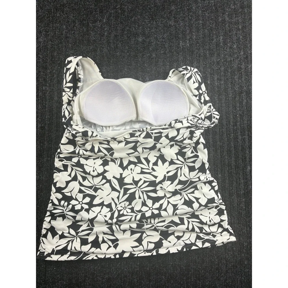 Black‎ and White Floral Hibiscus Tankini Swim Top Square Neck Ruched Sides